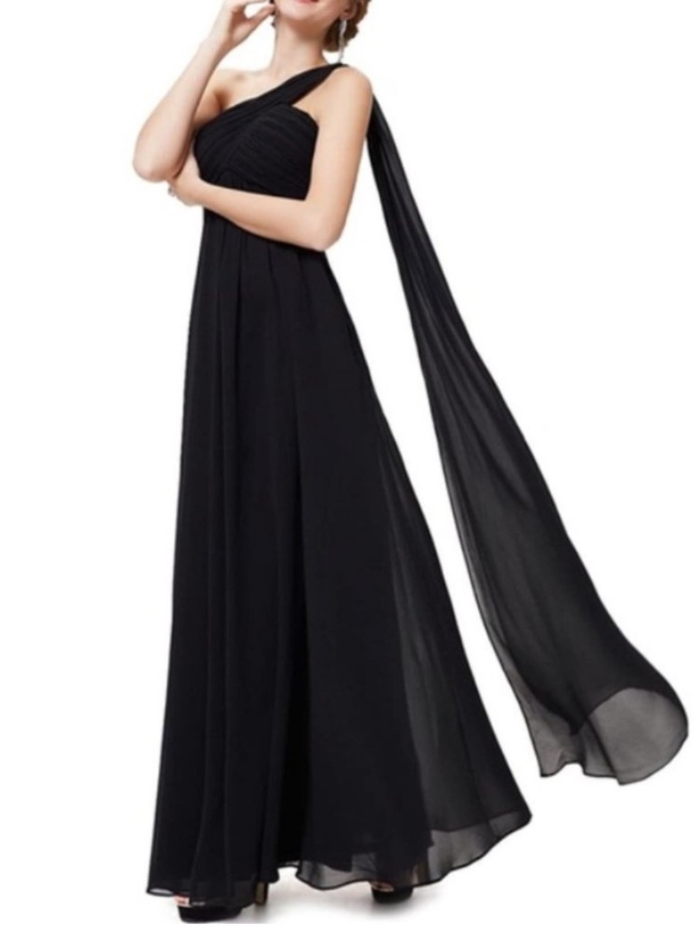 ALEX EVENINGS Black One Shoulder Drape Formal Gown Full Length Maxi Dress Size 8